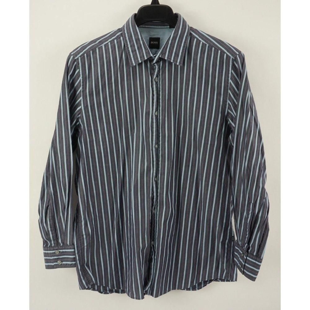 Hugo Boss Lex Mens XL Long Sleeve Black Blue Purple Stripe Twill Button Up Shirt